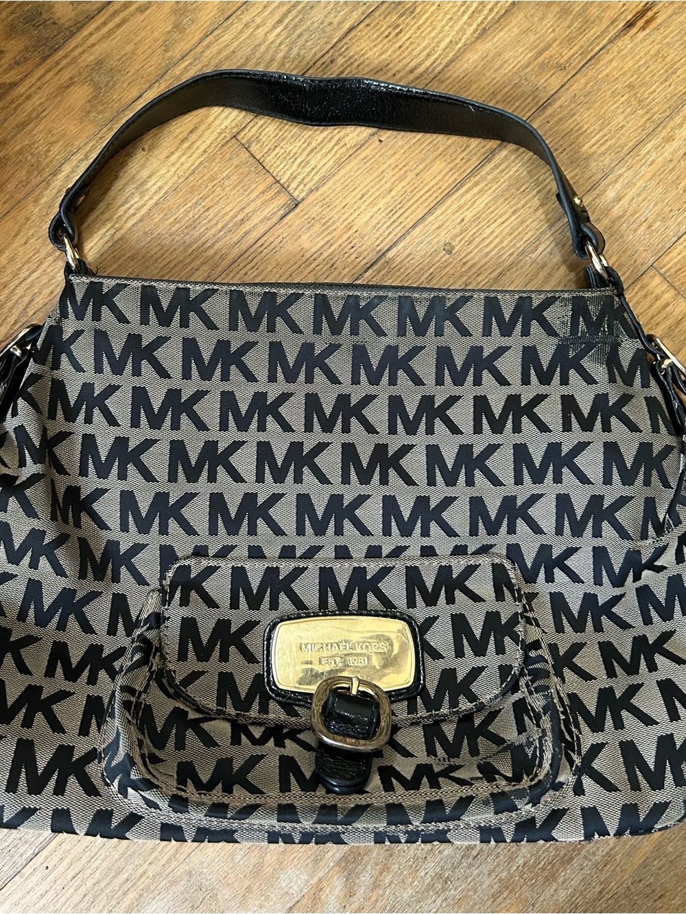 Michael Kors Black and Gray MK Logo Shoulder Bag with Gold Hardware